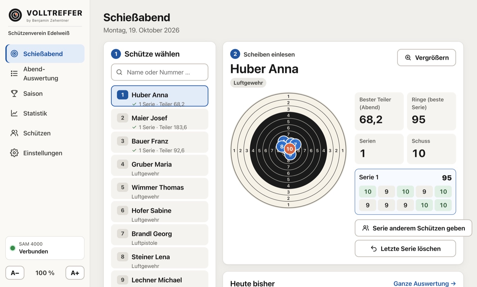 VOLLTREFFER am Schießabend: links die Schützenliste, rechts die Scheibe mit allen Treffern der Serie, daneben bester Teiler und Ringe.